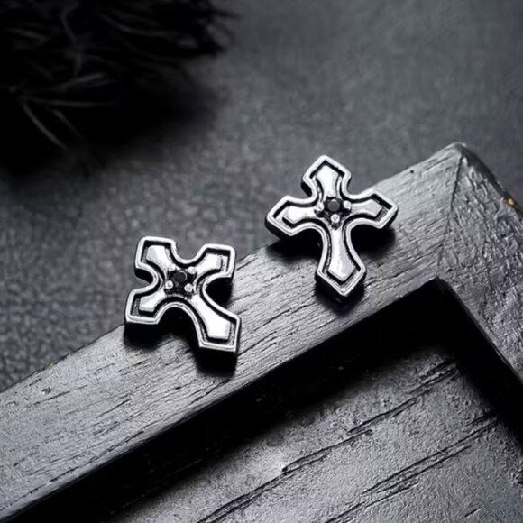 925 Sterling Silver Mens 1ct Black Onyx Cross Stud Earrings Christian Jewelry